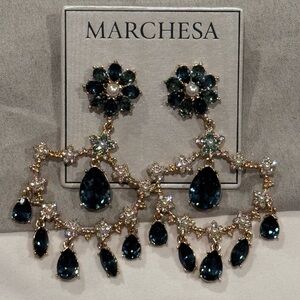 Marchesa Gold and Deep Blue Floral Earrings 2.75 inch with Dustbag